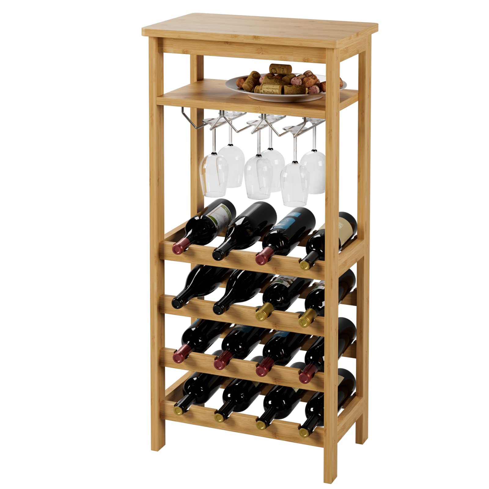 Bamboo Wine Rack, Wine Rack Freestanding Floor with Glass Holder Rack, Tabletop & 16 Bottles Holder, Wine Display Storage Stand for Kitchen, Office, Bar