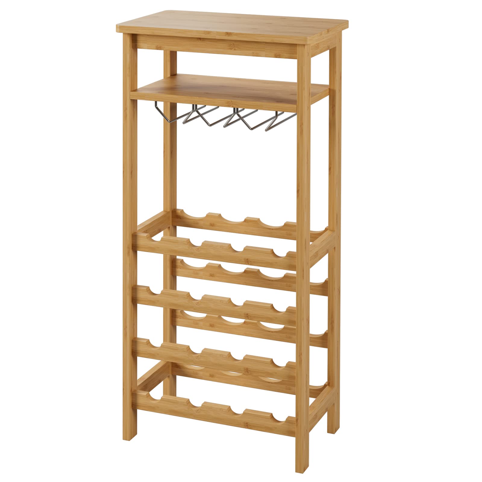 Bamboo Wine Rack, Wine Rack Freestanding Floor with Glass Holder Rack, Tabletop & 16 Bottles Holder, Wine Display Storage Stand for Kitchen, Office, Bar