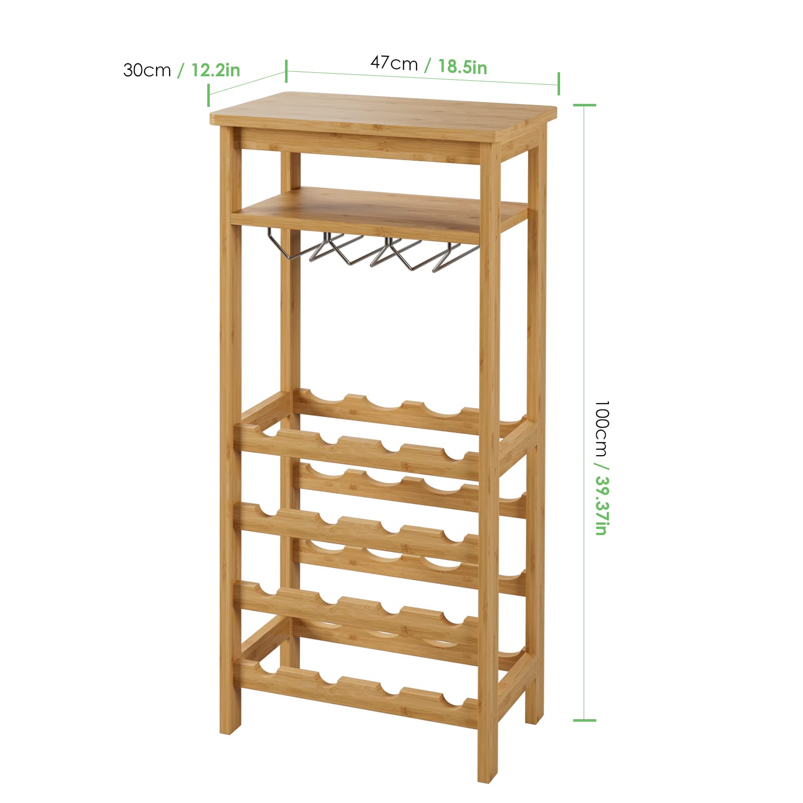 Bamboo Wine Rack, Wine Rack Freestanding Floor with Glass Holder Rack, Tabletop & 16 Bottles Holder, Wine Display Storage Stand for Kitchen, Office, Bar