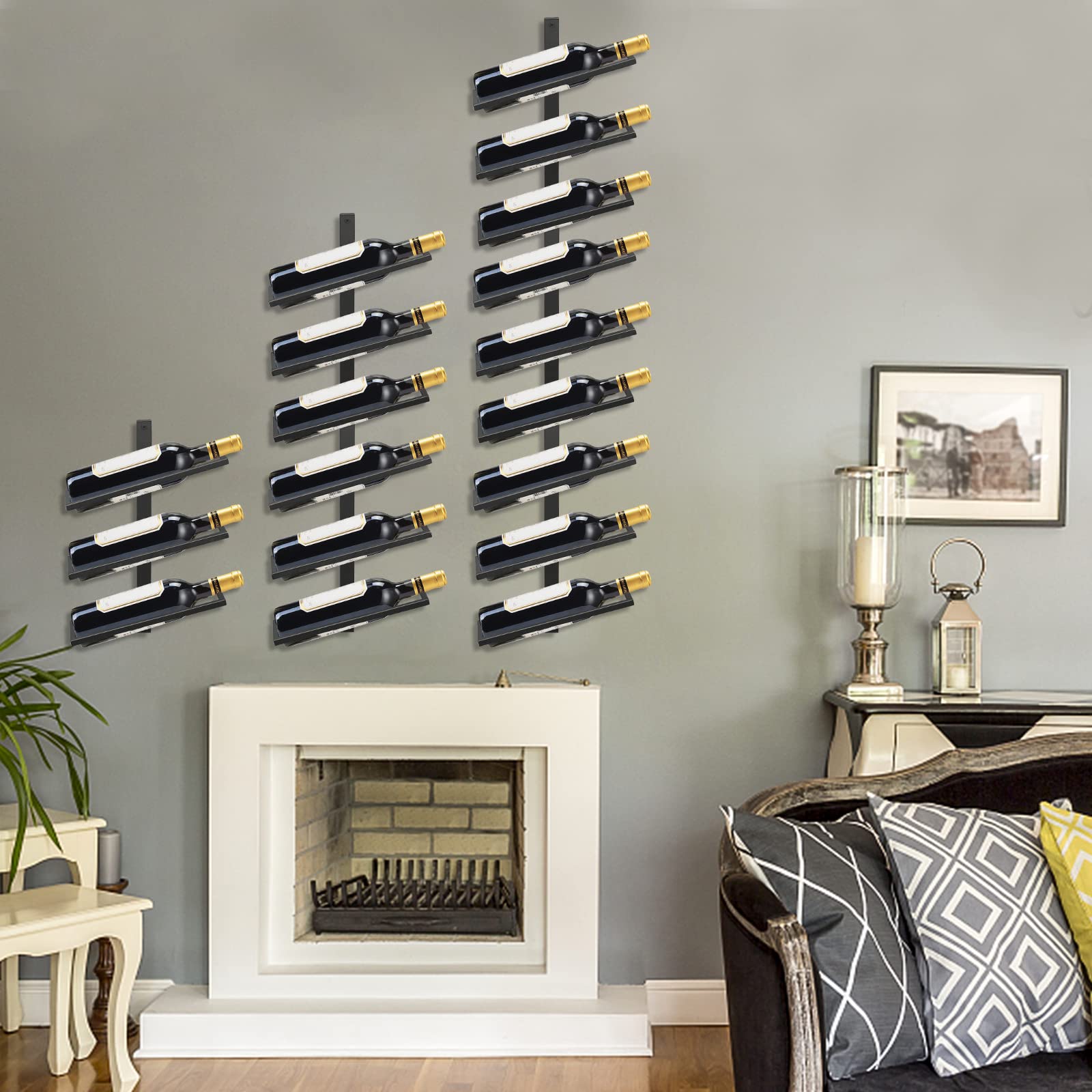 YALINKA Wall Mounted Wine Rack Holds 12 Bottles, Adjustable Separable Black Metal Hanging Wine Bottle Holder, Liquor Bottle Display Shelf for Kitchen Pantry Bar Wine Cellar
