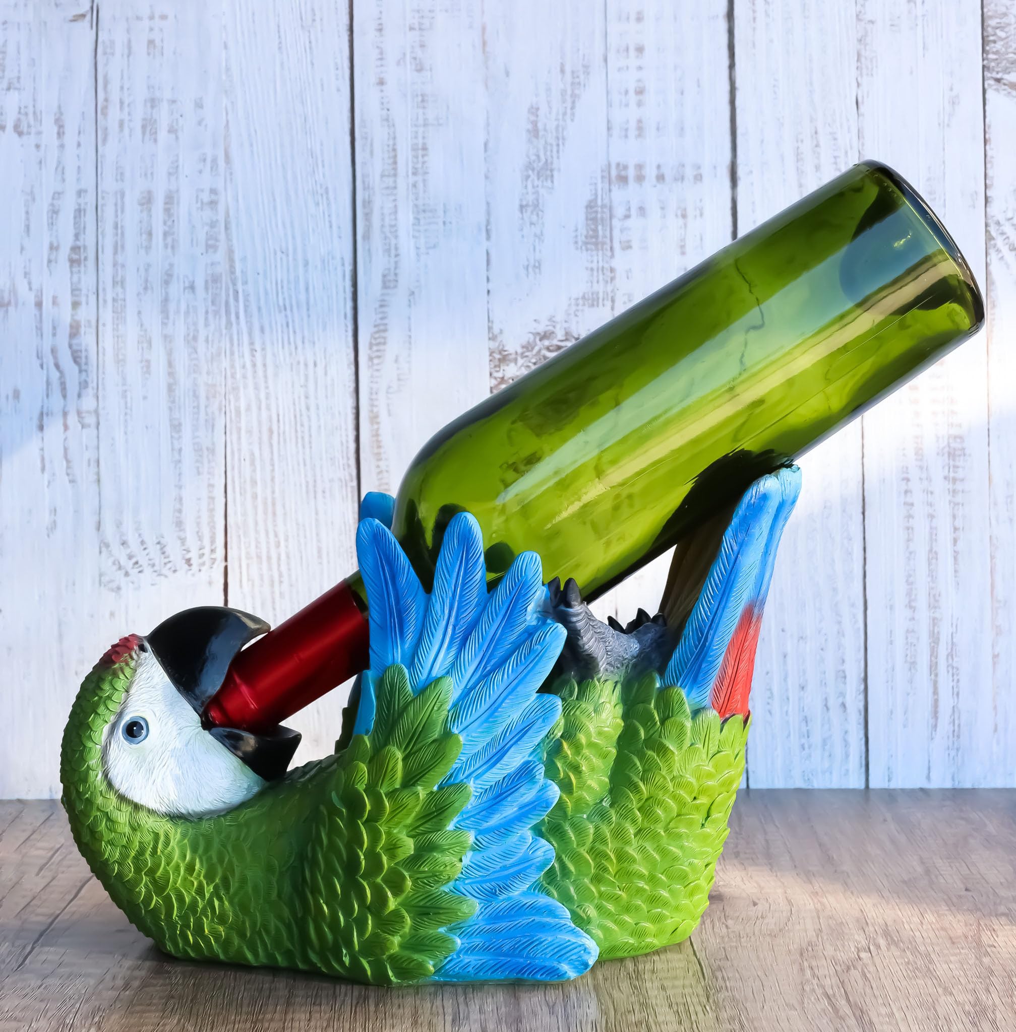 Ebros Gift Tropical Rio Rainforest Scarlet Macaw Parrot Wine Bottle Holder Caddy Figurine 10.25" Long Kitchen Dining Party Hosting Decor Statue of South American Evergreen Forest Birds (Green Macaw)