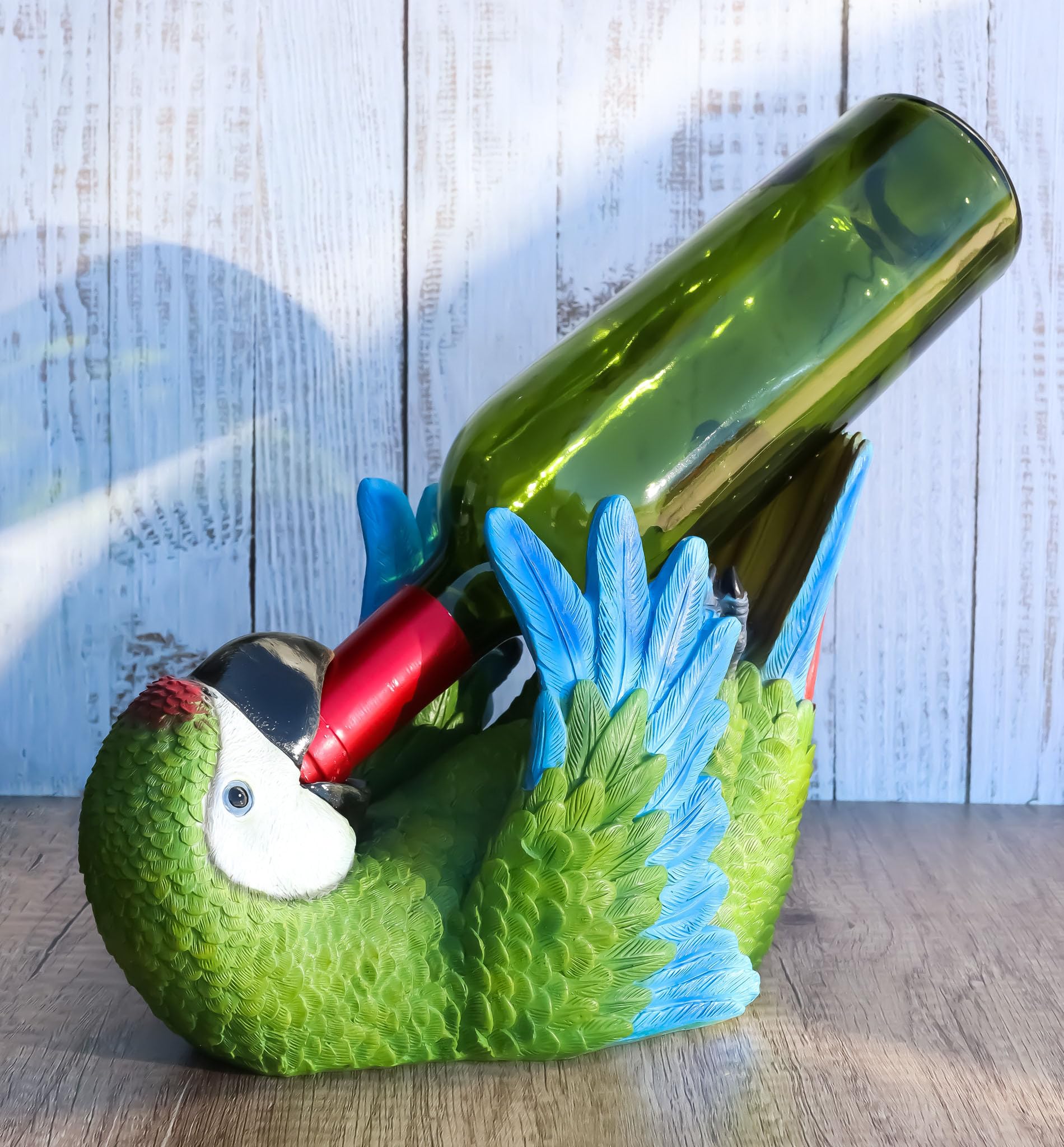 Ebros Gift Tropical Rio Rainforest Scarlet Macaw Parrot Wine Bottle Holder Caddy Figurine 10.25" Long Kitchen Dining Party Hosting Decor Statue of South American Evergreen Forest Birds (Green Macaw)