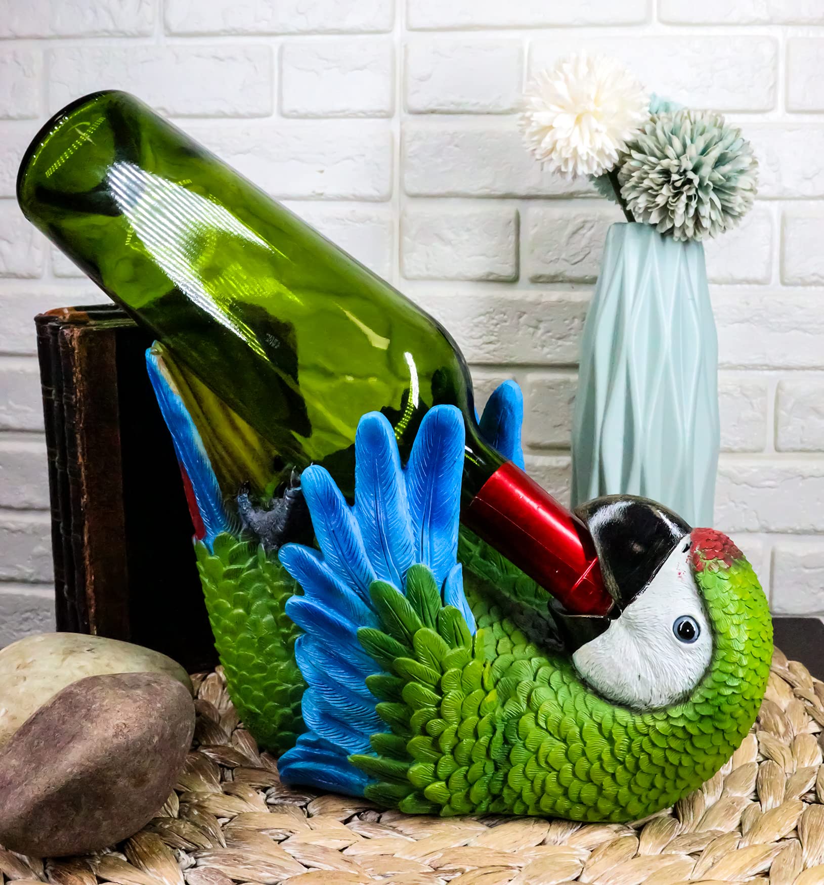 Ebros Gift Tropical Rio Rainforest Scarlet Macaw Parrot Wine Bottle Holder Caddy Figurine 10.25" Long Kitchen Dining Party Hosting Decor Statue of South American Evergreen Forest Birds (Green Macaw)