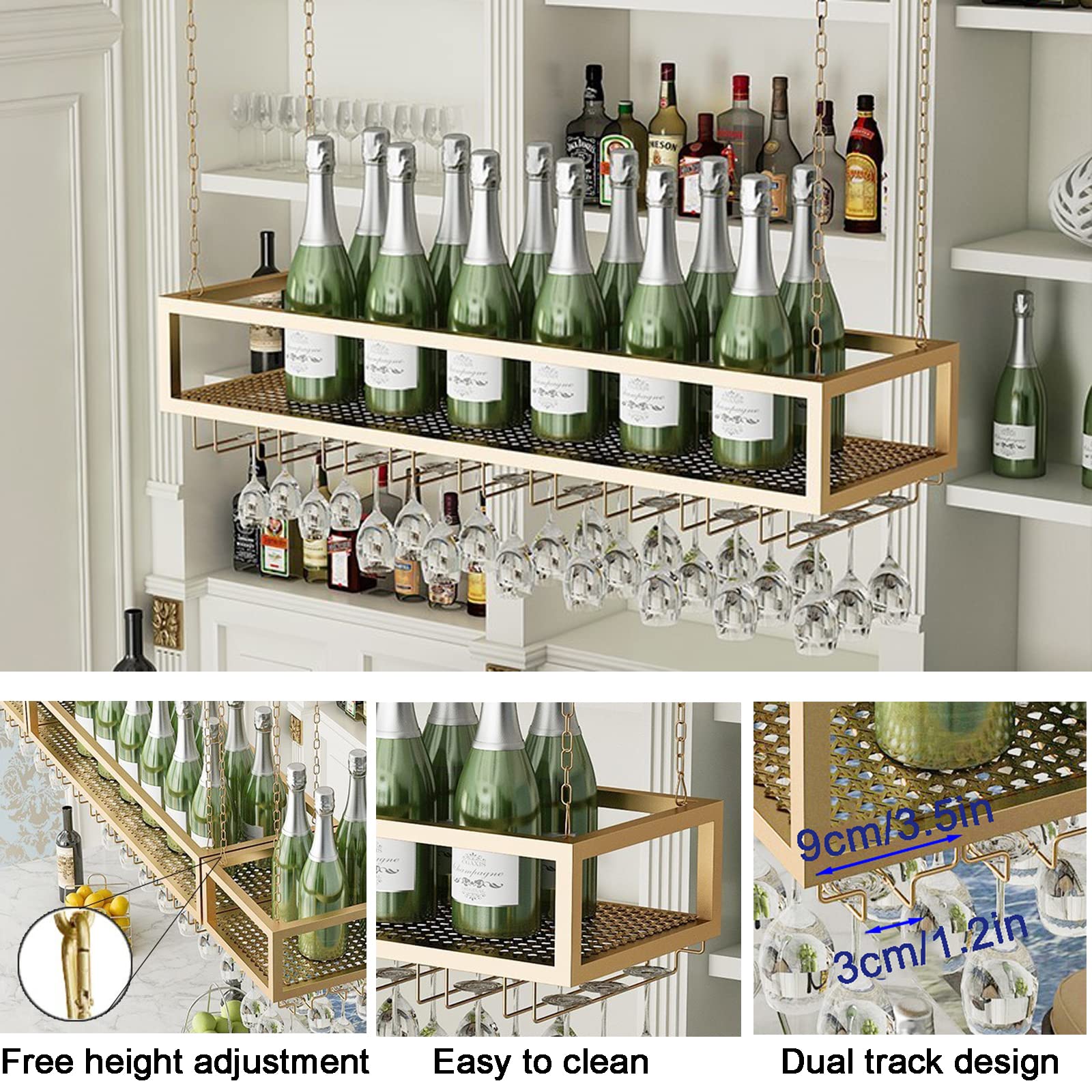 Ceiling Wine Glass Rack, Hanging Metal Wine Rack Cabinet, Height Adjustable Industrial Wine Bottle Rack, Wine Glass Storage Rack for Different Types of Goblets, Suitable for Bar Coffee (Gold, 59in)