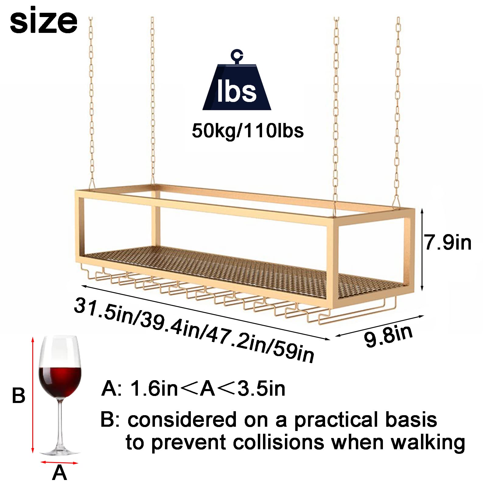 Ceiling Wine Glass Rack, Hanging Metal Wine Rack Cabinet, Height Adjustable Industrial Wine Bottle Rack, Wine Glass Storage Rack for Different Types of Goblets, Suitable for Bar Coffee (Gold, 59in)