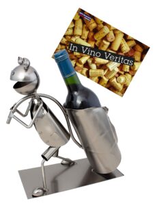 brubaker wine bottle holder 'frog' - table top metal sculpture - with greeting card