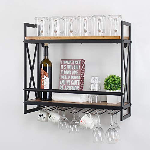 MBQQ Rustic Wall Mounted Wine Racks with 6 Stem Glass Holder,23.6in Industrial Metal Hanging Wine Rack,2-Tiers Wood Shelf Floating Shelves,Home Room Living Room Kitchen Decor Display Rack