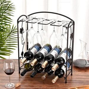 countertop wine rack - hold 8 wine bottles and 8 glasses multifunctional dis assembly small wine rack - 2 tier tabletop wine holder stand for cabinet, pantry, wine bottle storage（black）
