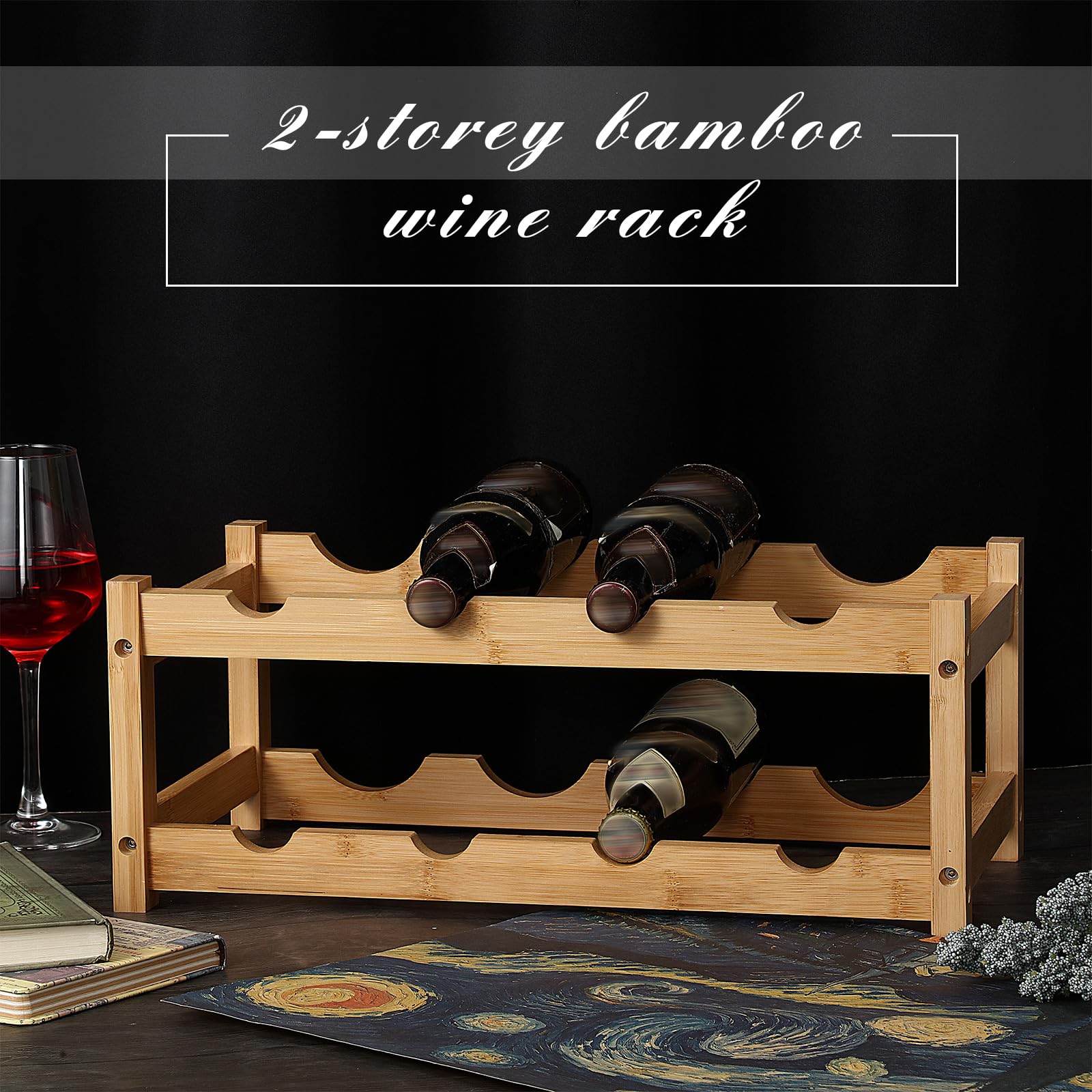 Maitys 2 Pieces Wine Rack Standing 8 Bottle 2 Tier Wine Rack Countertop Bamboo Wine Bottle Holder Wooden Wine Shelf Wine Stand for Kitchen Bar Cellar Basement Tabletop Display Cabinet Decor