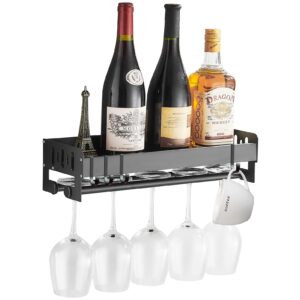 simve wine rack wall mounted and glass holder modern 15.7 inch bottle floating shelf with stemware hanger metal glassware drying storage hanging organizer for home bar black