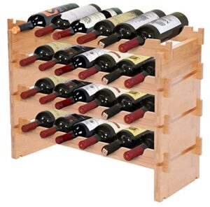 modular stackable bamboo wooden wine rack; easy to assemble & add levels; bottles rest slanting downwards to keep corks moist; for kitchen, pantry, cellar storage (24 bottle capacity, 6 x 4 rows)