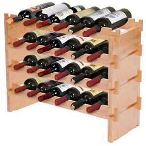 Modular Stackable Bamboo Wooden Wine Rack; Easy to Assemble & Add Levels; Bottles Rest Slanting Downwards to Keep Corks Moist; for Kitchen, Pantry, Cellar Storage (24 Bottle Capacity, 6 x 4 Rows)