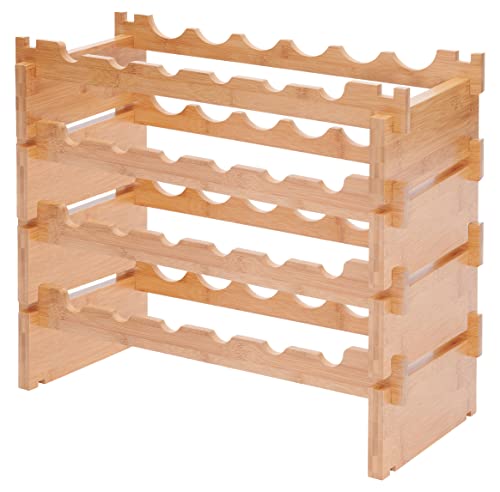 Modular Stackable Bamboo Wooden Wine Rack; Easy to Assemble & Add Levels; Bottles Rest Slanting Downwards to Keep Corks Moist; for Kitchen, Pantry, Cellar Storage (24 Bottle Capacity, 6 x 4 Rows)