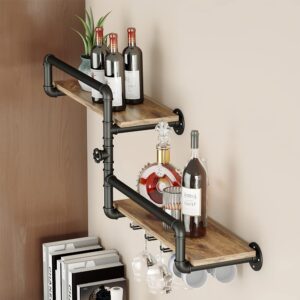 Wine Rack Wall Mounted 2 Tier,43.3" Rustic Wine Bottle Glass Hanging Floating Liquor Bar Shelves with 4 Stem Glass Holder, Industrial Modern Kitchen Dining Room Coffee Bar Black (43.3"Lx17.7"Hx9.3"W)