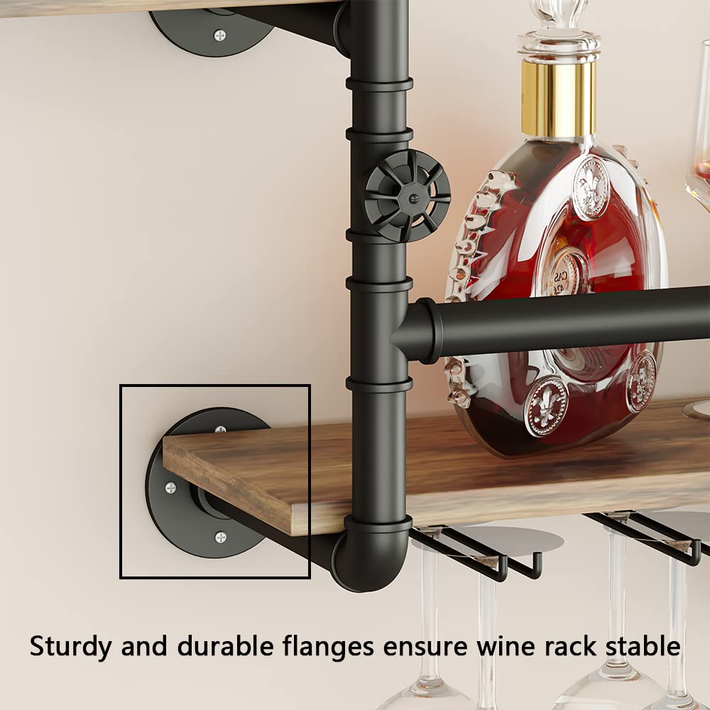 Wine Rack Wall Mounted 2 Tier,43.3" Rustic Wine Bottle Glass Hanging Floating Liquor Bar Shelves with 4 Stem Glass Holder, Industrial Modern Kitchen Dining Room Coffee Bar Black (43.3"Lx17.7"Hx9.3"W)