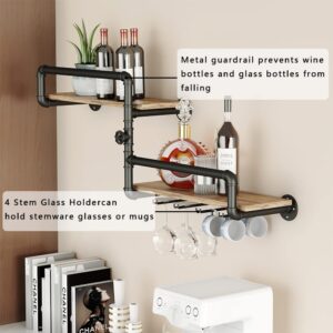 Wine Rack Wall Mounted 2 Tier,43.3" Rustic Wine Bottle Glass Hanging Floating Liquor Bar Shelves with 4 Stem Glass Holder, Industrial Modern Kitchen Dining Room Coffee Bar Black (43.3"Lx17.7"Hx9.3"W)