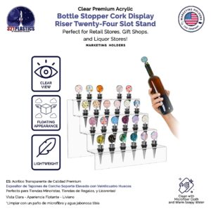 marketing holders wine bottle topper liquor pourer display stand multi level 24 slot rack with .75 inch wide holes clear acrylic riser 11.5 inch wide by 10 inch deep retail countertop showcase