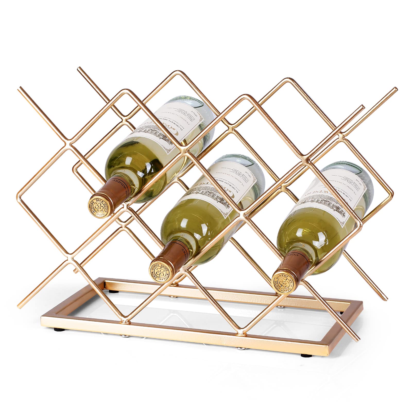 Drincarier Countertop Wine Rack - 10 Bottle Freestanding Modern Gold Metal Small Wine Rack - Tabletop Wine Holder Stand for Cabinet, Pantry, Wine Bottle Storag