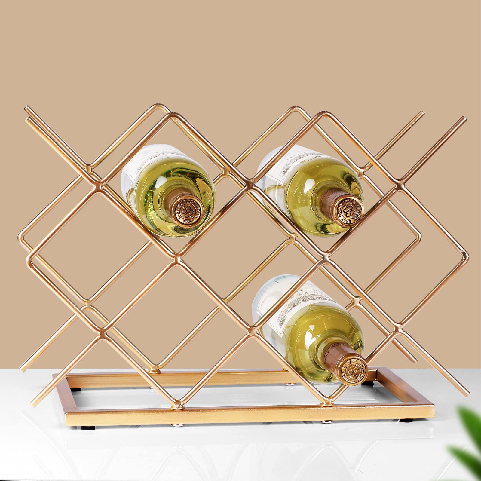 Drincarier Countertop Wine Rack - 10 Bottle Freestanding Modern Gold Metal Small Wine Rack - Tabletop Wine Holder Stand for Cabinet, Pantry, Wine Bottle Storag