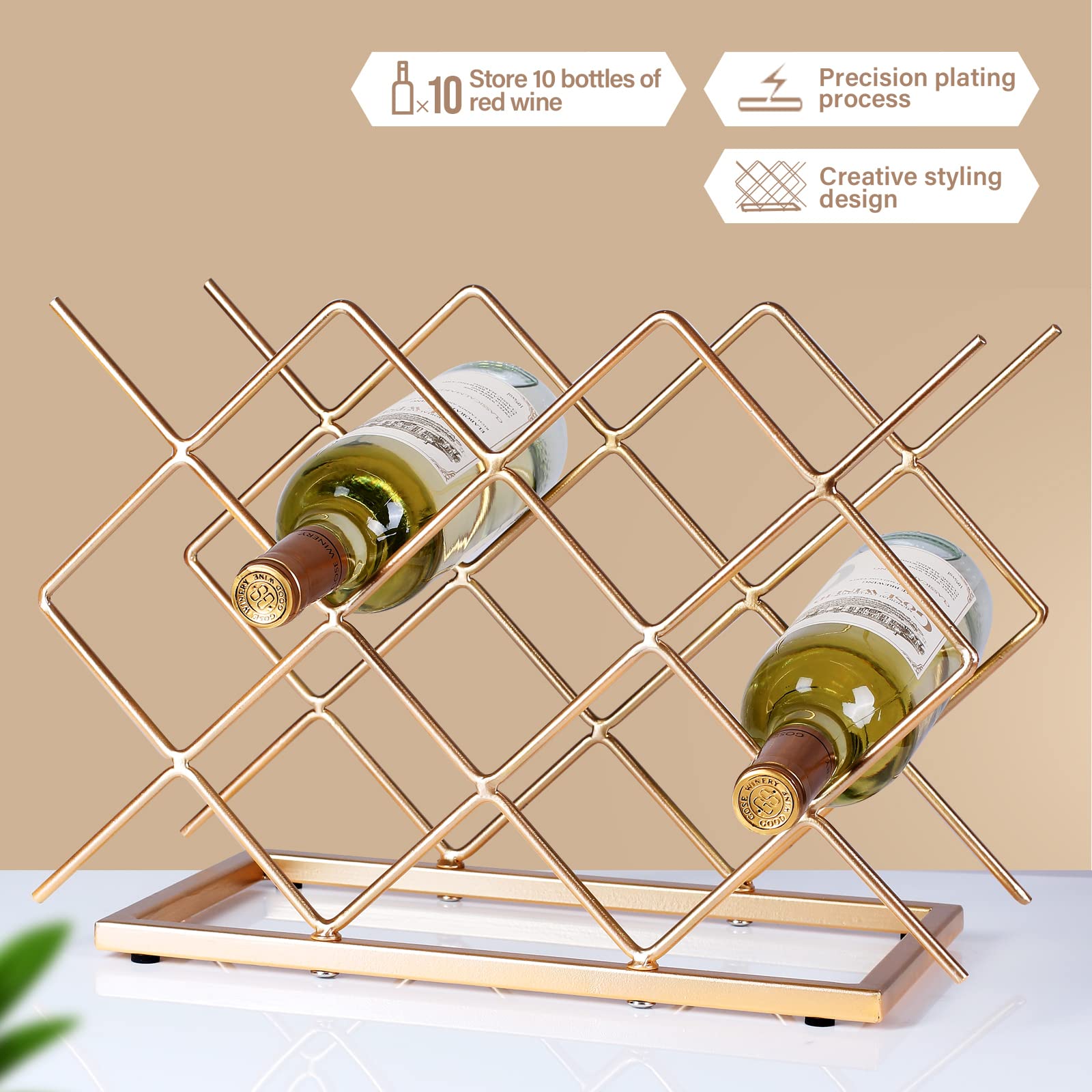 Drincarier Countertop Wine Rack - 10 Bottle Freestanding Modern Gold Metal Small Wine Rack - Tabletop Wine Holder Stand for Cabinet, Pantry, Wine Bottle Storag