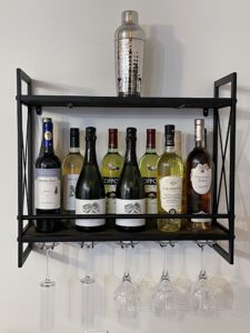 spartan saver industrial wall-mounted wine rack with wine bottle holder, floating bottle storage bar, and wine glass holder
