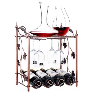 silksea countertop wine rack freestanding with wine glass rack metal wine holder storage stand organizer for home kitchen décor, cabinet, bar, tabletop wine racks hold 4 bottle and 6 glasses, copper
