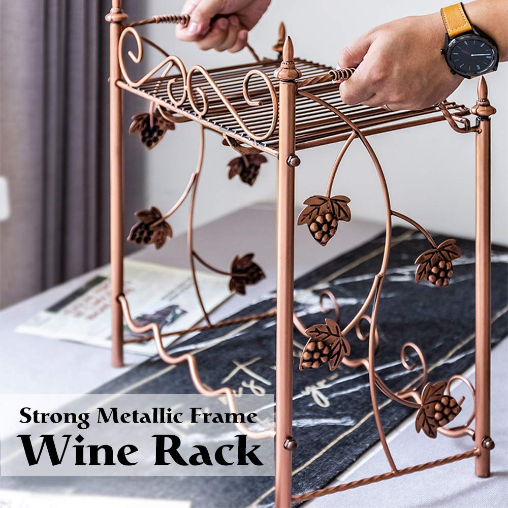 SILKSEA Countertop Wine Rack Freestanding with Wine Glass Rack Metal Wine Holder Storage Stand Organizer for Home Kitchen Décor, Cabinet, Bar, Tabletop Wine Racks Hold 4 Bottle and 6 Glasses, Copper