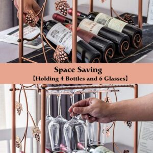 SILKSEA Countertop Wine Rack Freestanding with Wine Glass Rack Metal Wine Holder Storage Stand Organizer for Home Kitchen Décor, Cabinet, Bar, Tabletop Wine Racks Hold 4 Bottle and 6 Glasses, Copper