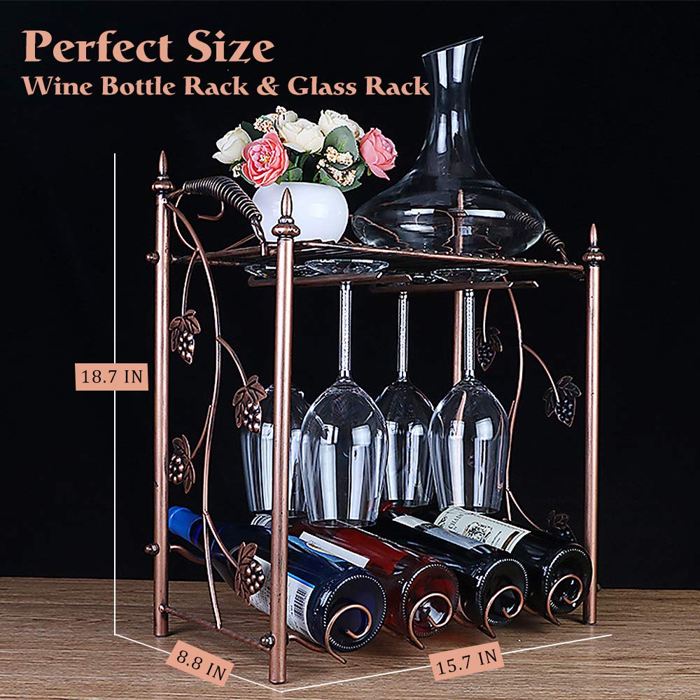 SILKSEA Countertop Wine Rack Freestanding with Wine Glass Rack Metal Wine Holder Storage Stand Organizer for Home Kitchen Décor, Cabinet, Bar, Tabletop Wine Racks Hold 4 Bottle and 6 Glasses, Copper