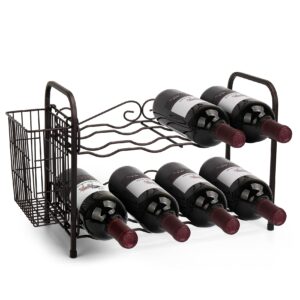 obloved metal 2 tier countertop wine rack with storage basket, wine cabinet counter wine rack holder and storage wine rack stackable-hold 8 bottles