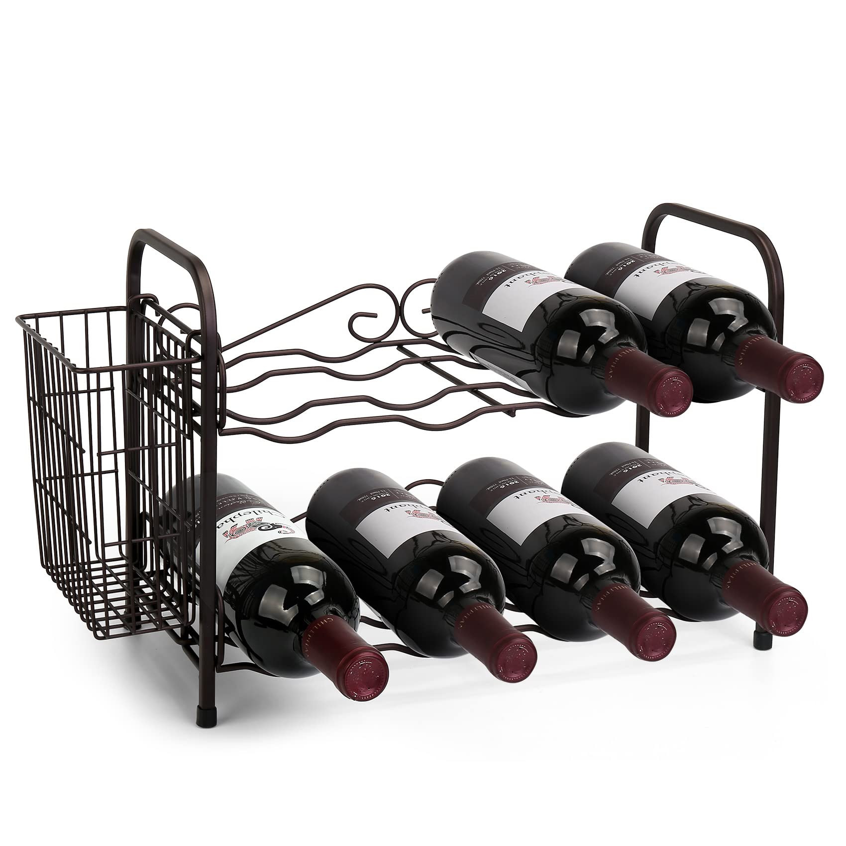 OBloved Metal 2 Tier Countertop Wine Rack with Storage Basket, Wine Cabinet Counter Wine Rack Holder and Storage Wine Rack Stackable-Hold 8 Bottles