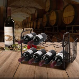 OBloved Metal 2 Tier Countertop Wine Rack with Storage Basket, Wine Cabinet Counter Wine Rack Holder and Storage Wine Rack Stackable-Hold 8 Bottles