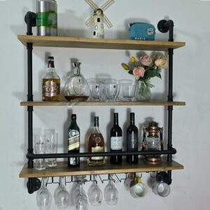wall mounted wine rack with bottle and glass storage, 3 tier wood shelves and cup holders, black