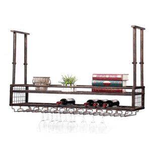 industrial hanging wine rack with glass holder and shelf,adjustable ceiling bar wine glass rack,2-layer metal wall mounted wine and glass rack,iron bottle holder wine shelf(47.2in,bronze)