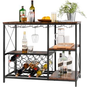 tektalk wine bar cabinet wine rack freestanding table with glass holder and wine storage for home kitchen dining room - rustic brown