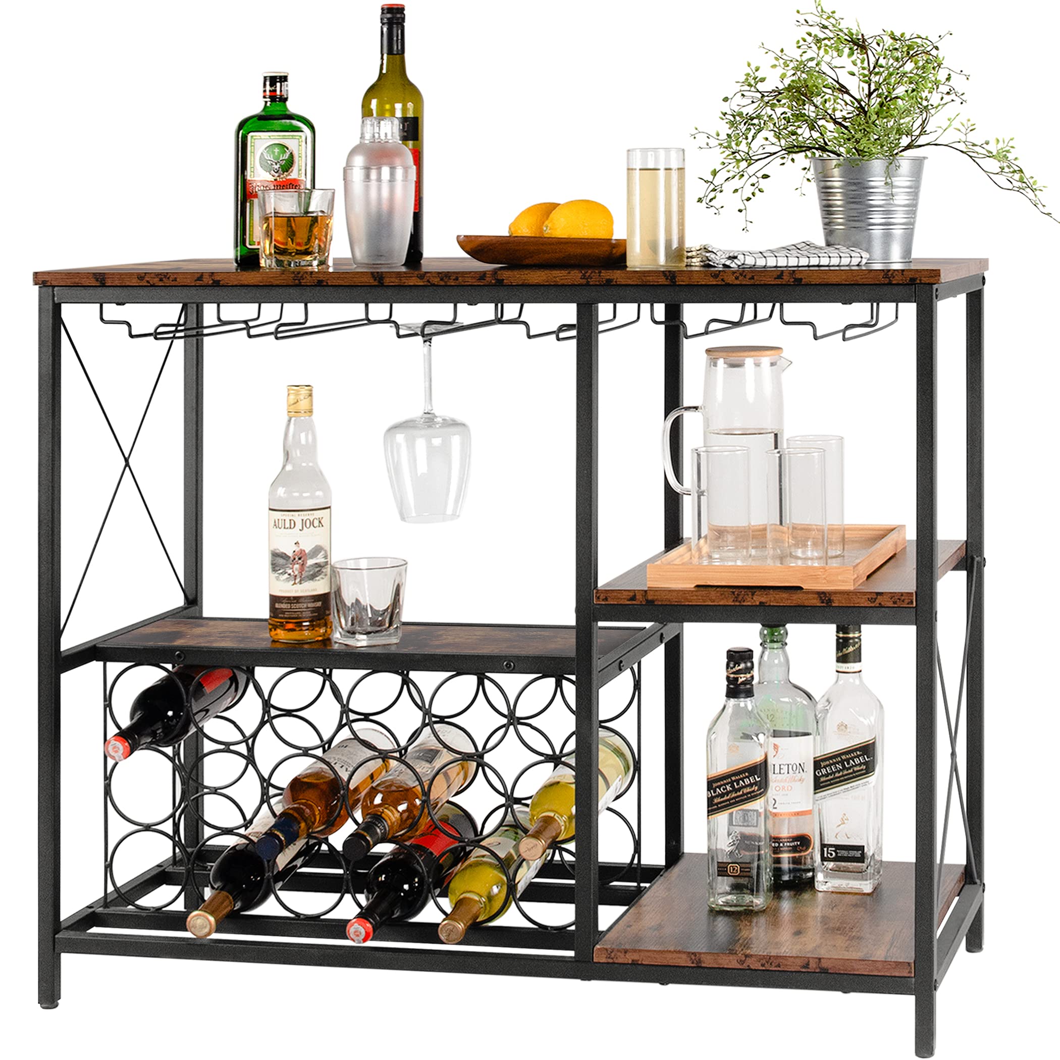 Tektalk Wine Bar Cabinet Wine Rack Freestanding Table with Glass Holder and Wine Storage for Home Kitchen Dining Room - Rustic Brown