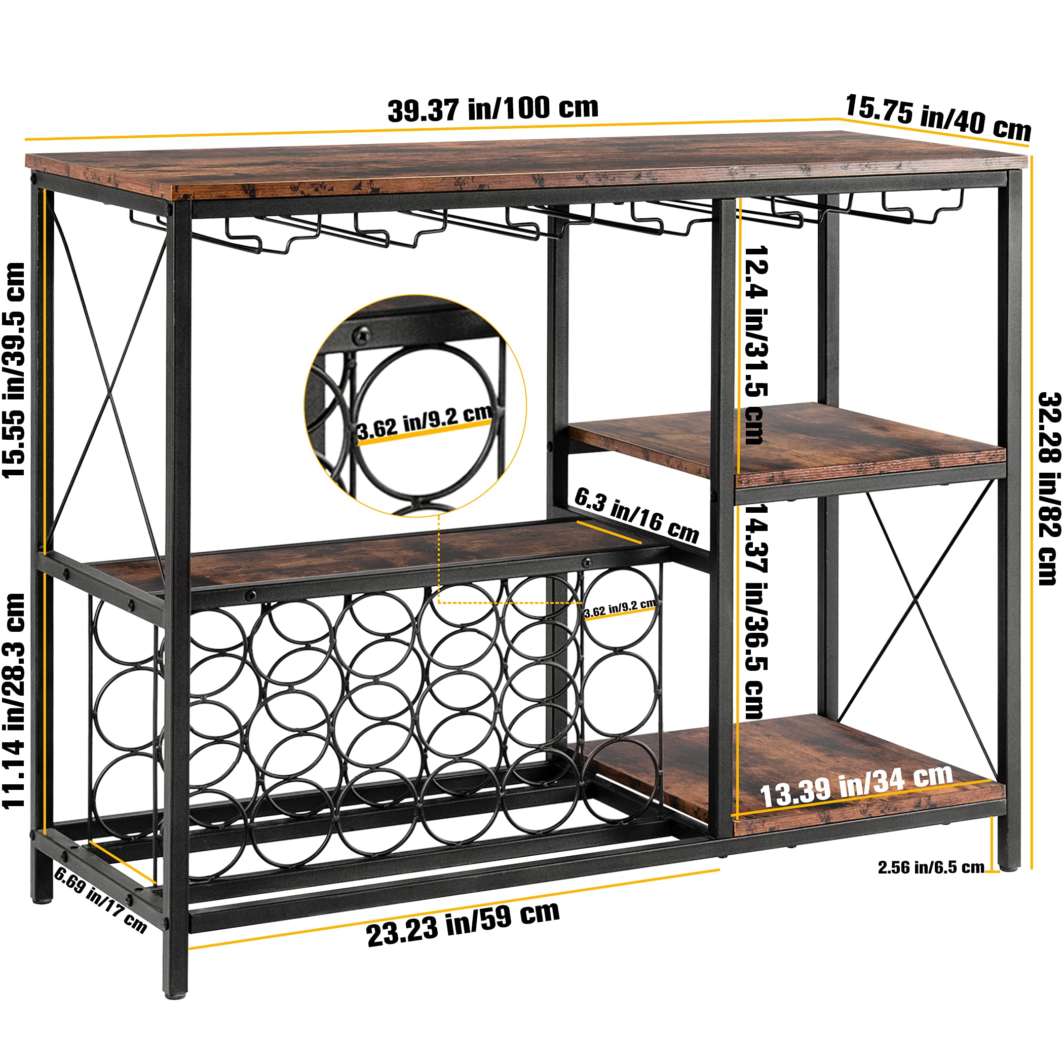 Tektalk Wine Bar Cabinet Wine Rack Freestanding Table with Glass Holder and Wine Storage for Home Kitchen Dining Room - Rustic Brown