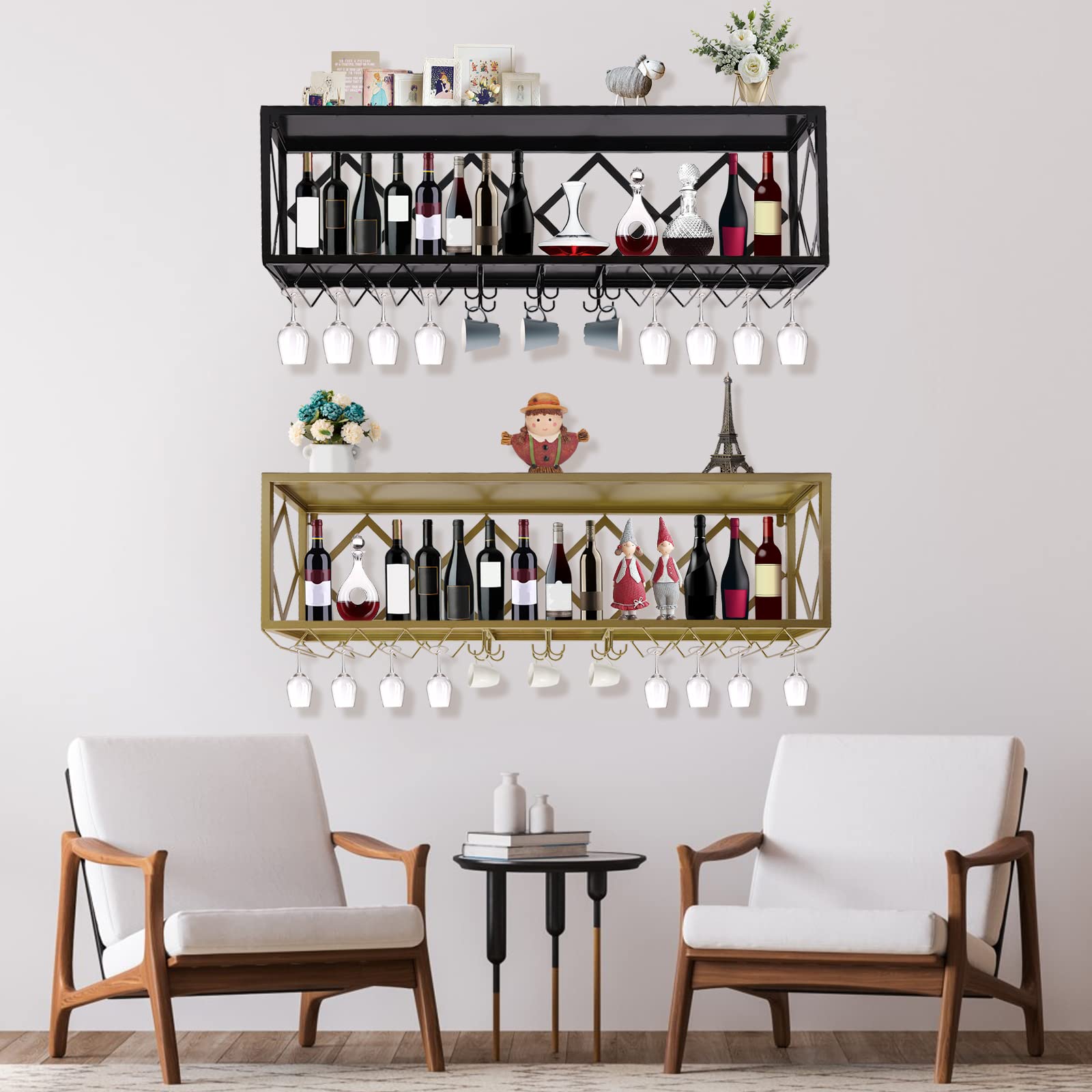 LiFuJunDong Wall-Mounted Bar Unit Floating Shelves Multifunctional Iron Bottle Holder Hanging Wine Rack with Partitions Inverted Wine Glass Rack for Bar Cafe Kitchen (Gold)