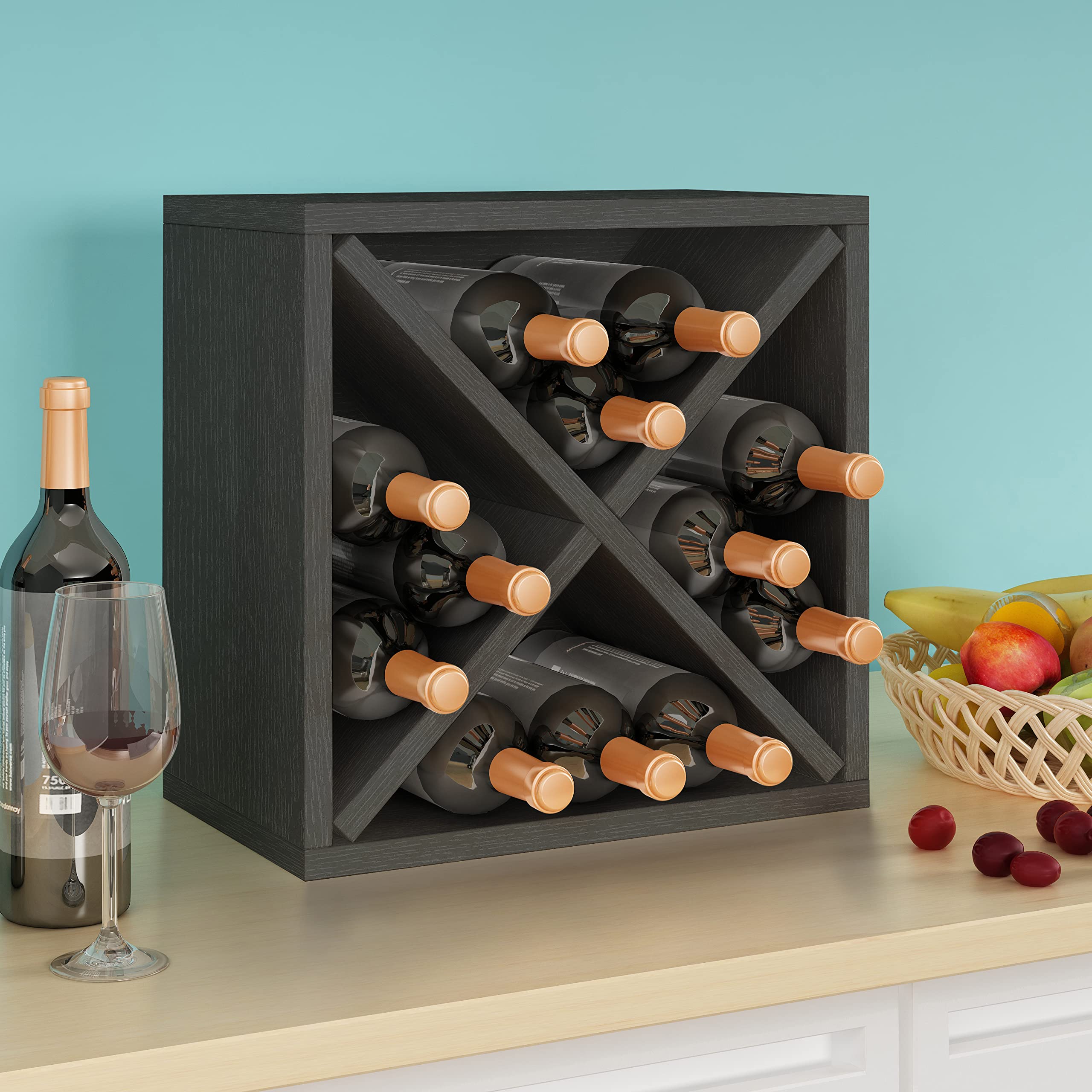 Way Basics Wine Rack Cube Stackable Bar Shelf (12 Bottle), Charcoal Black