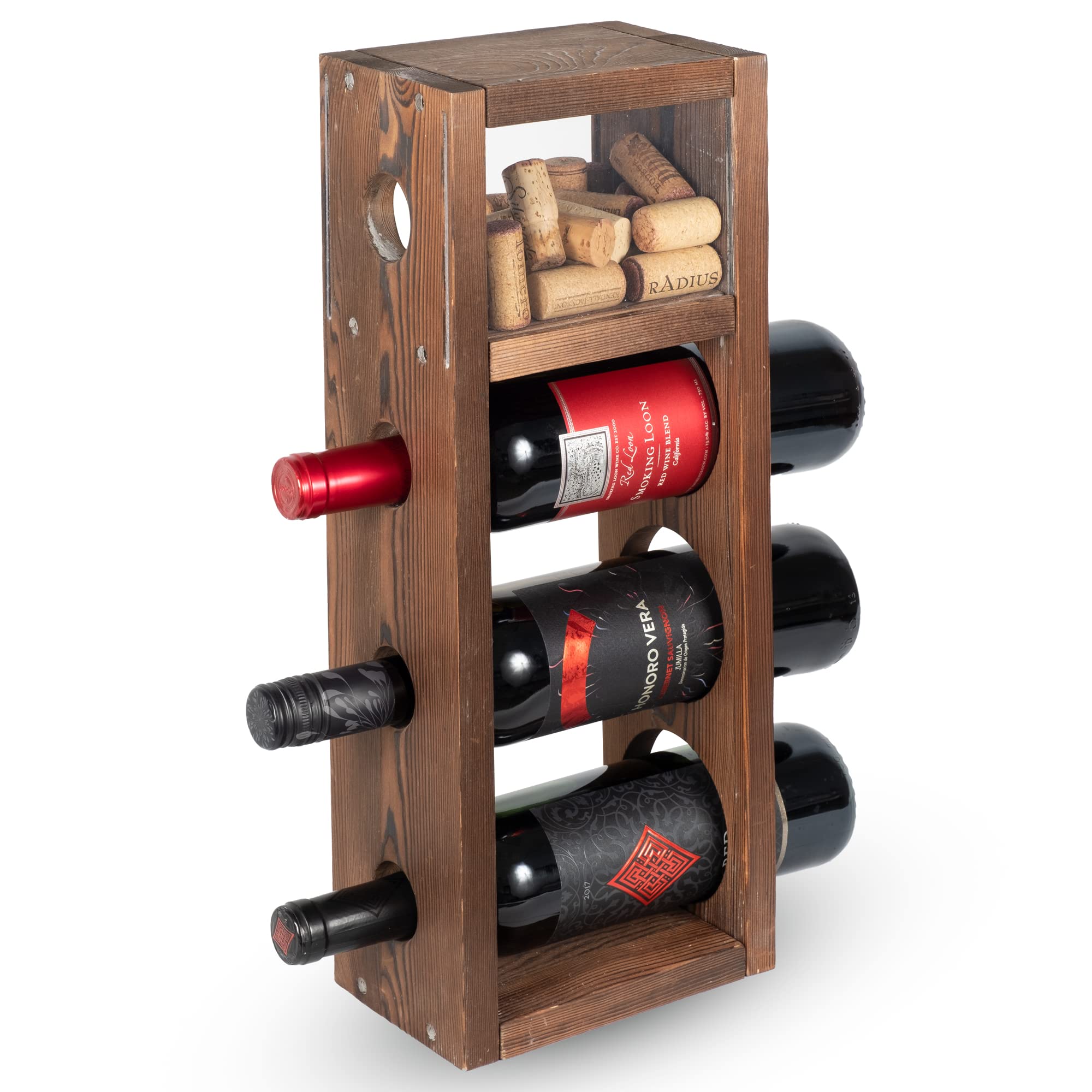 Rustic State Sonoma Countertop Wood Vertical Wine Rack with Cork Storage - Freestanding Tabletop Liquor Holder Shelf Organizer - Holds 3 Bottles - Home Kitchen Dining Room Bar Décor - Burnt Brown