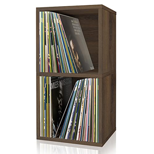 Way Basics 2 Tier Vinyl Storage Cube Vintage Turntable Stand Shelf - Fits 140 LP Records (Royal Walnut)