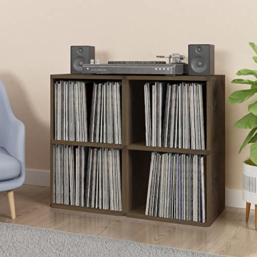 Way Basics 2 Tier Vinyl Storage Cube Vintage Turntable Stand Shelf - Fits 140 LP Records (Royal Walnut)