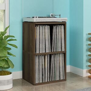 Way Basics 2 Tier Vinyl Storage Cube Vintage Turntable Stand Shelf - Fits 140 LP Records (Royal Walnut)