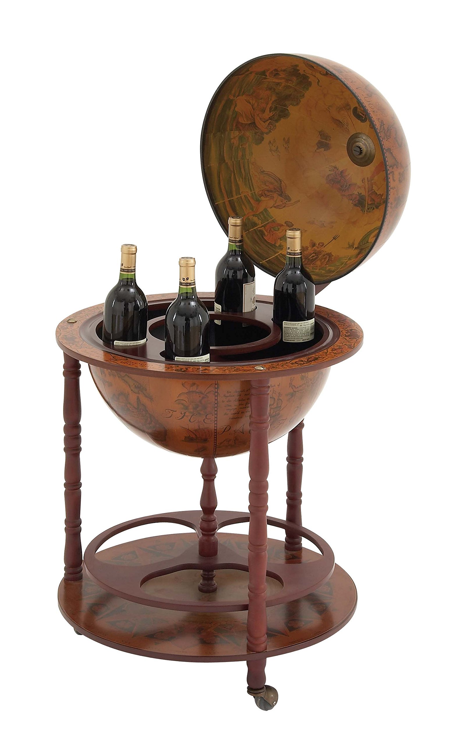 Deco 79 Wood Globe Rolling 14 Bottle Standing Wine Rack with Hidden Compartment, 22" x 22" x 37", Brown