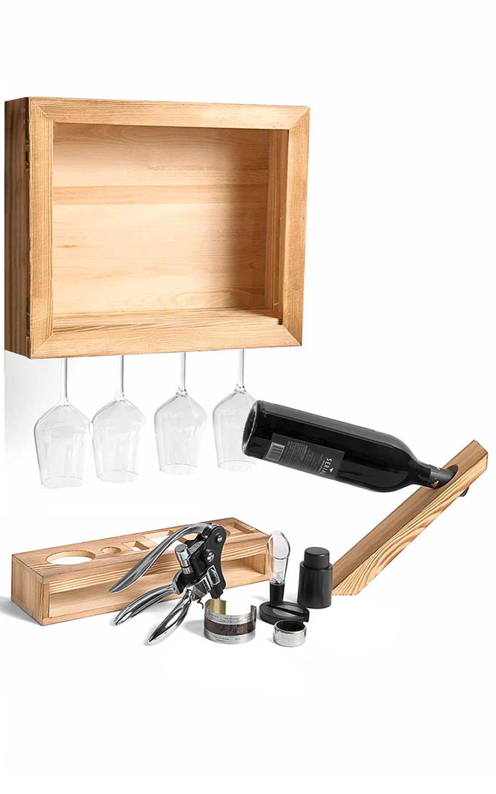 Wine Display Holder and Supplies Set - Housewarming Gifts for Women Who Have Everything, Home Buyer Closing Gift from Realtor, New House Essentials - Rack, Stopper, Corkscrew and More Accessories