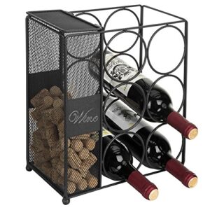 mygift 6-bottle wire wine rack, countertop black metal wine bottle holder with mesh cork catcher basket & chalkboard labels
