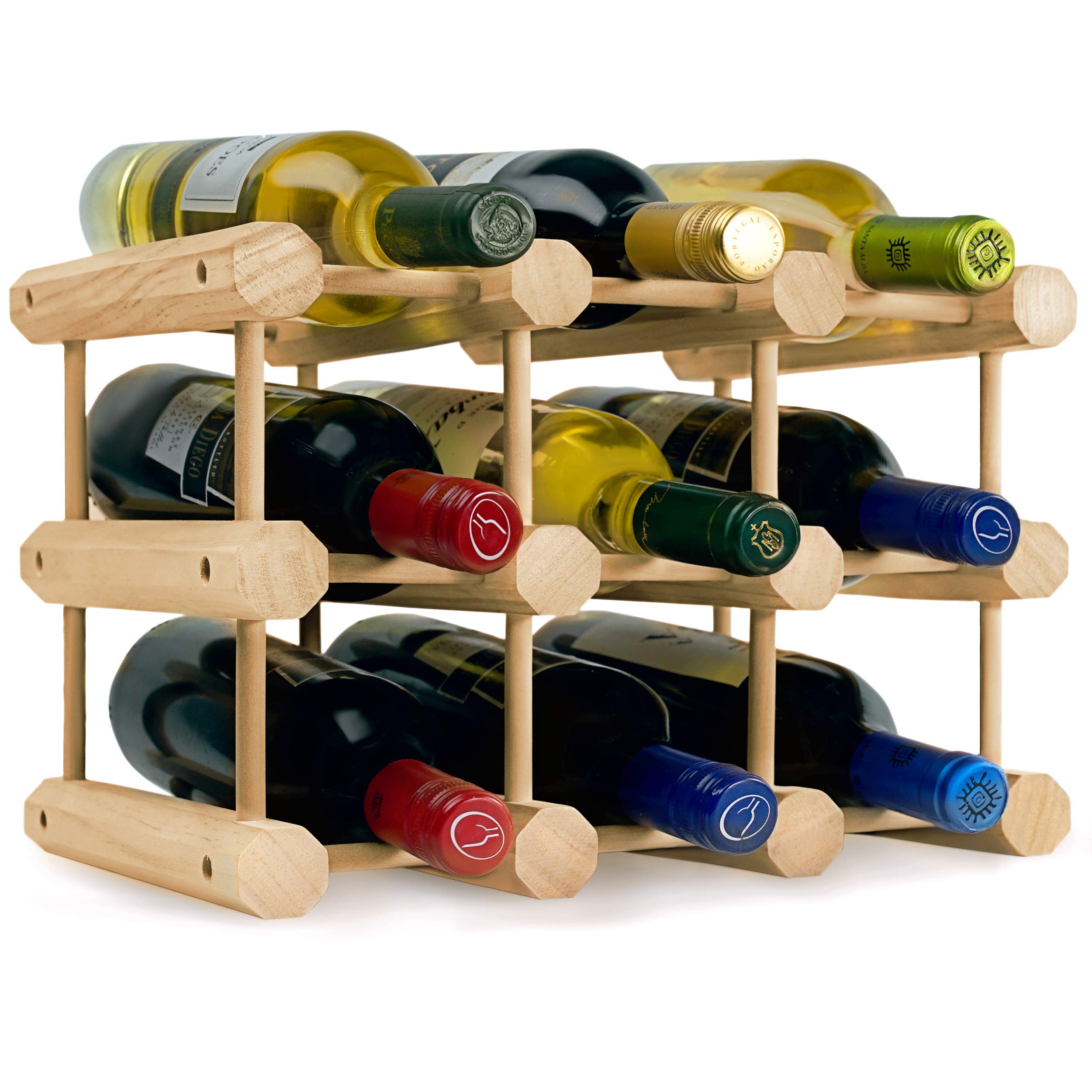 Heincorp Countertop Wine Rack Stackable Wine Storage - Free Standing Table Top, Cabinet or Counter Top Wine Holder - Natural Pine Wooden Wine Rack Holds 9 Bottles