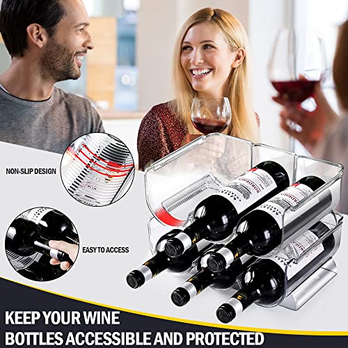 Lunmore Red Wine Organizer, Plastic Stackable Wine Bottle Holders, Wine and Drink Organizer Shelf for Kitchen Countertop, Cabinet, Fridge, Transparent - Holds 3 Bottles - 2 Pack