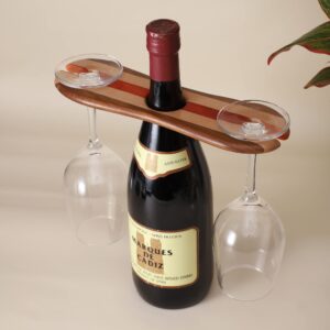frescorr - wine bottle & glass holder - handmade wooden counter stand for wine for two glasses & bottle (straight)