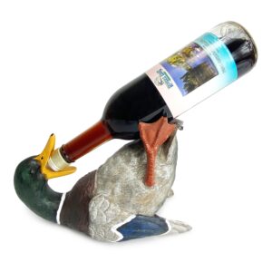 rivers edge products wine bottle holder for 750ml standard wine bottle, hand-painted poly resin kitchen decor, unique and rustic home decor for countertop or wine bar, mallard duck